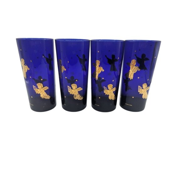 VTG Set 4 Cobalt Blue Cherub Culver Drinking Glass Tom Collins Barware 22K Gold - Picture 6 of 10
